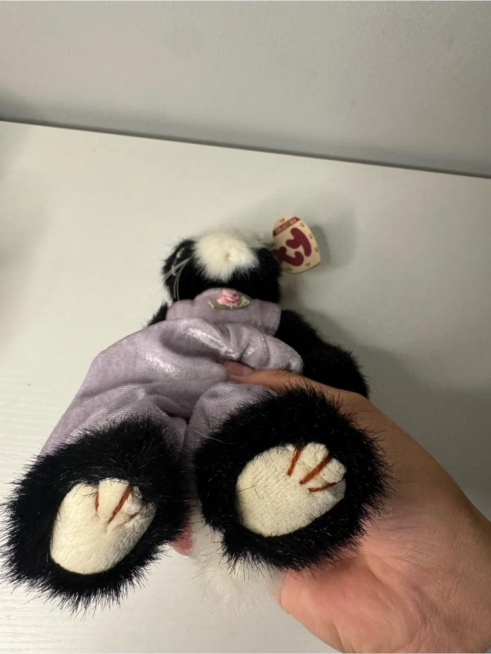 Ty Black & White Cat Beanie Baby in Lilac Outfit
